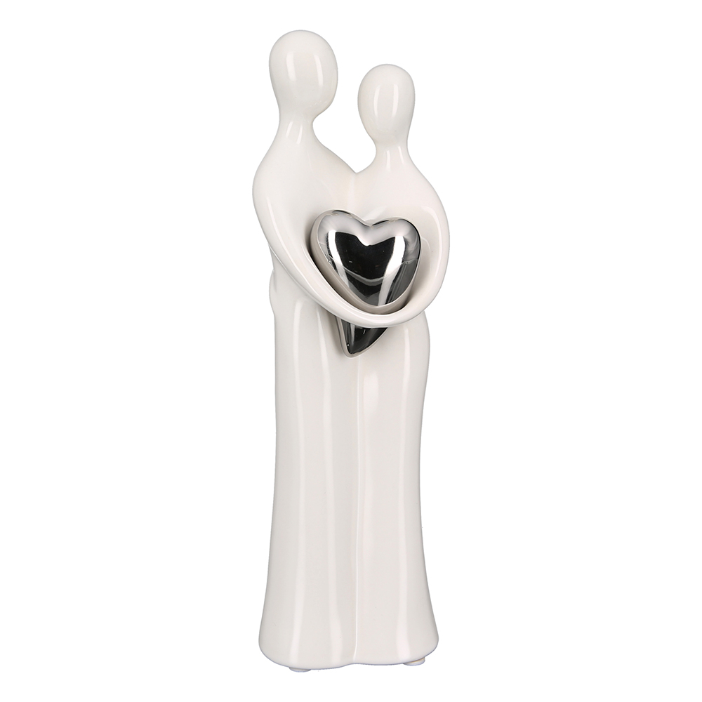 Skulptur Keramik &quot;Paar mit silber Herz&quot; weiss H 25,5 cm